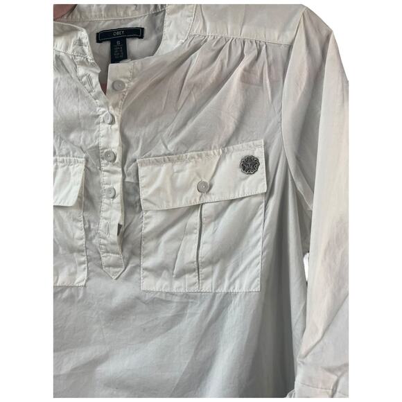 Obey white button up tie cinch 1/2 sleeve blouse 100% cotton woman's US6 small - Picture 5 of 7